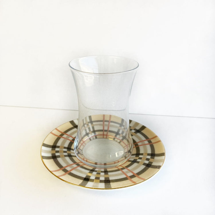 Turkish Tea Cups | Beige Plaid | Set of 6 - TurkishMart