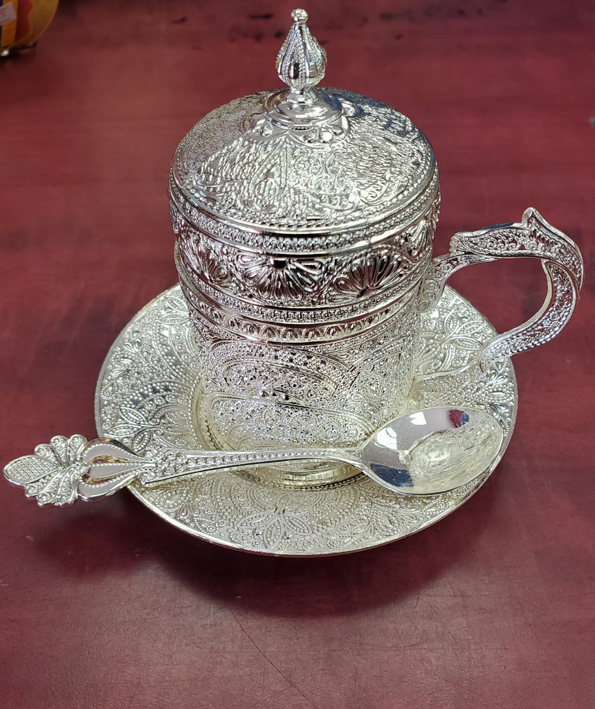 Coffee cup with spoon silver plated look,  metal casing